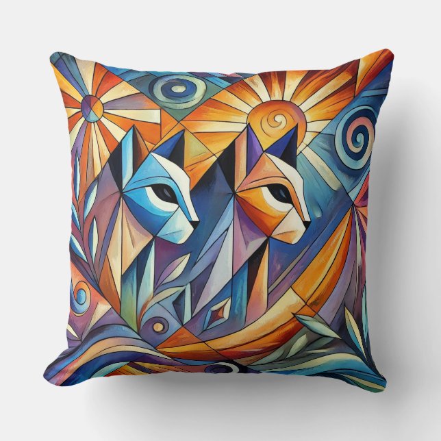 Abstracte geometrische katten met levendige kleure kussen (Voorkant)