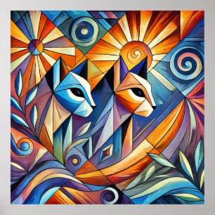 Abstracte geometrische katten met levendige kleure poster