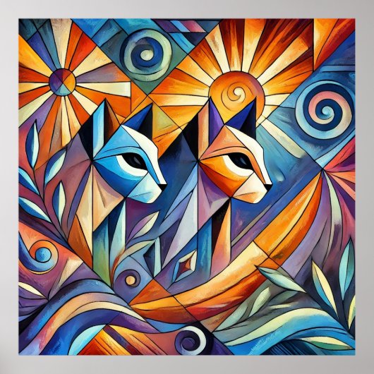 Abstracte geometrische katten met levendige kleure poster (Voorkant)