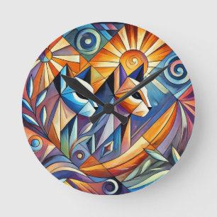 Abstracte geometrische katten met levendige kleure ronde klok