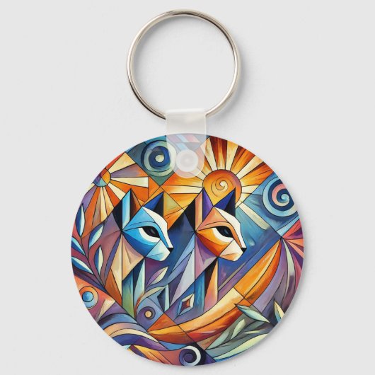 Abstracte geometrische katten met levendige kleure sleutelhanger (Voorkant)