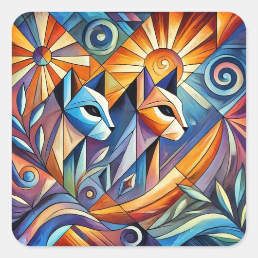 Abstracte geometrische katten met levendige kleure vierkante sticker (Voorkant)