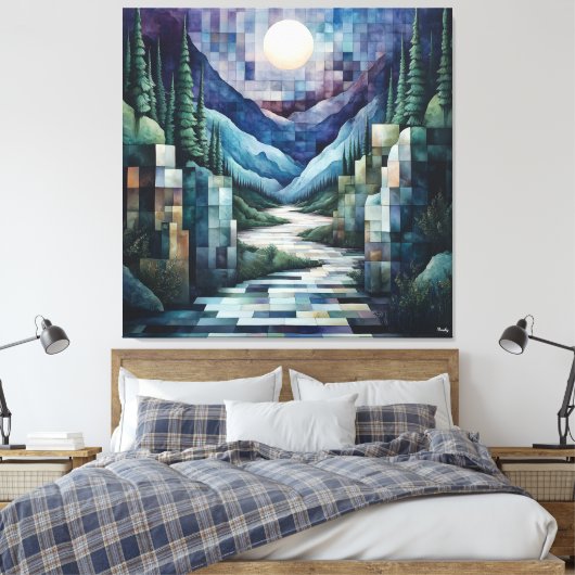Abstracte geometrische maanverlichte vallei met ri canvas afdruk (Insitu (Slaapkamer))