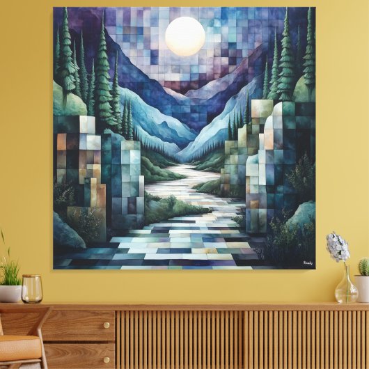 Abstracte geometrische maanverlichte vallei met ri canvas afdruk (Insitu (Woonkamer))