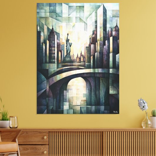 Abstracte geometrische New York Skyline Vrijheidsb Canvas Afdruk (Insitu (Woonkamer))
