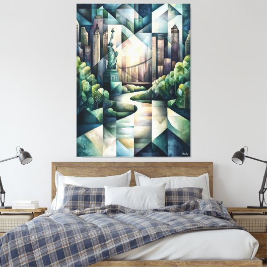 Abstracte geometrische New York Skyline Vrijheidsb Canvas Afdruk (Insitu (Slaapkamer))