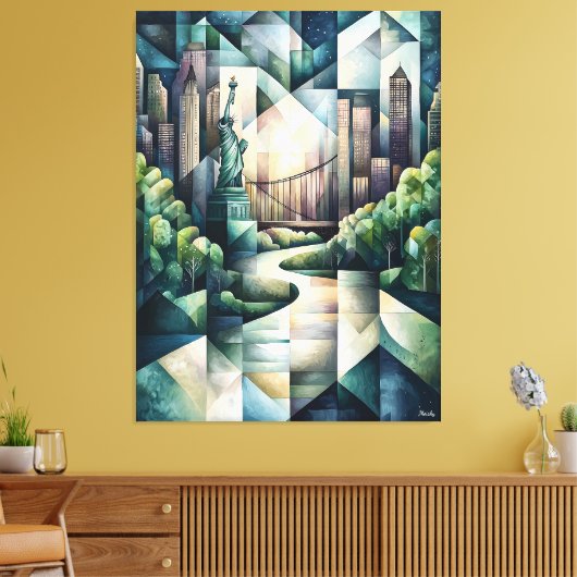 Abstracte geometrische New York Skyline Vrijheidsb Canvas Afdruk (Insitu (Woonkamer))
