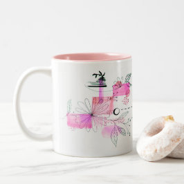 Abstracte geometrische roze bloemen laten zwart tweekleurige koffiemok