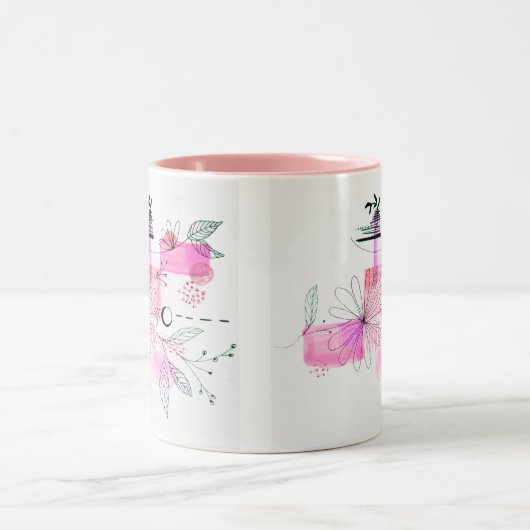 Abstracte geometrische roze bloemen laten zwart tweekleurige koffiemok (Center)