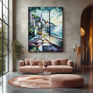 Abstracte geometrische skyline van Lissabon met tr Canvas Afdruk