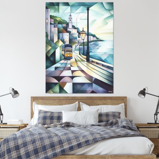 Abstracte geometrische skyline van Lissabon met tr Canvas Afdruk (Insitu (Slaapkamer))