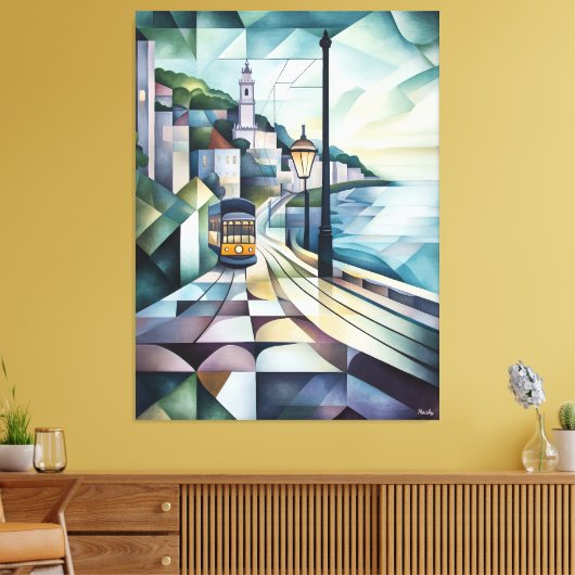 Abstracte geometrische skyline van Lissabon met tr Canvas Afdruk (Insitu (Woonkamer))