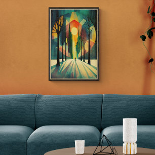 Abstracte geometrische zonsonderstel   Lange schad Poster