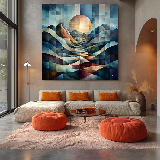 Abstracte geometrische zonsopgang boven levendige canvas afdruk