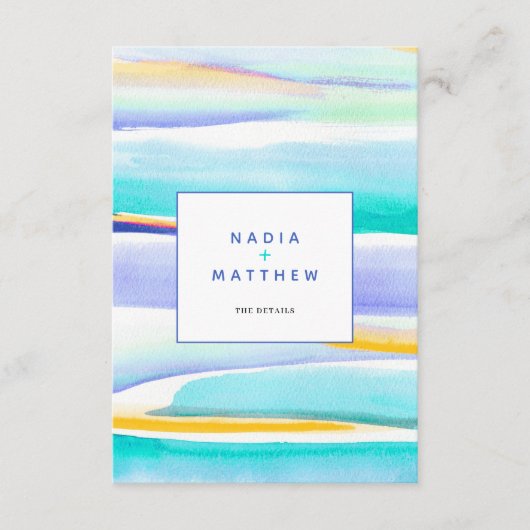 Abstracte getijdenlijnen blauw geel bruiloft QR-co Informatiekaartje (Voorkant)