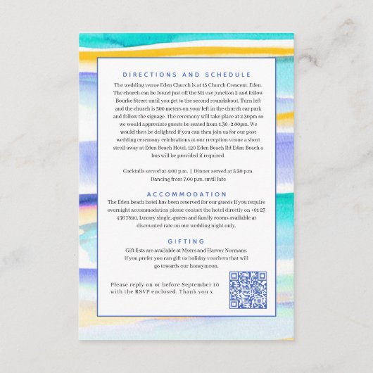 Abstracte getijdenlijnen blauw geel bruiloft QR-co Informatiekaartje (Achterkant)