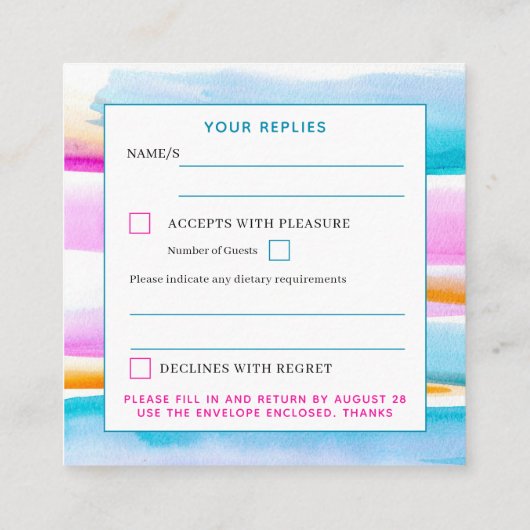 Abstracte getijdenlijnen roze blauw bruiloft antwo informatiekaartje (Achterkant)