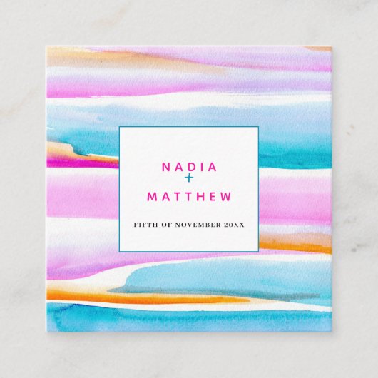 Abstracte getijdenlijnen roze blauw bruiloft antwo informatiekaartje (Voorkant)
