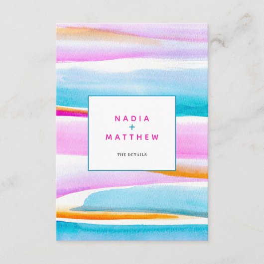 Abstracte getijdenlijnen roze blauw bruiloft QR co Informatiekaartje (Voorkant)