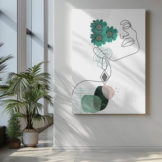 Abstracte gezichtskunst geperste groene bloemen canvas afdruk