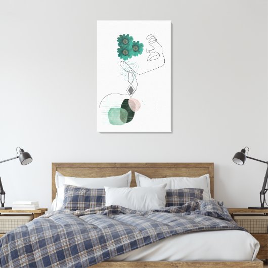 Abstracte gezichtskunst geperste groene bloemen canvas afdruk (Insitu (Slaapkamer))