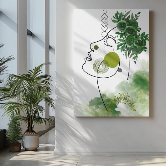 Abstracte gezichtskunst met groene bloemenkroon canvas afdruk