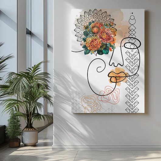 Abstracte gezichtslijnkunst met oranje bloemenlipp canvas afdruk