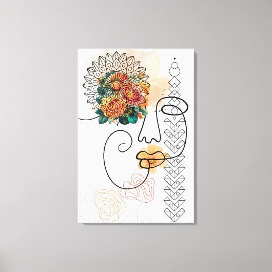Abstracte gezichtslijnkunst met oranje bloemenlipp canvas afdruk (Voorkant)