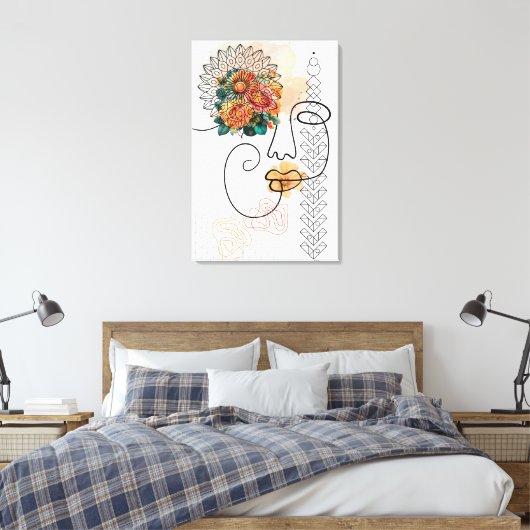 Abstracte gezichtslijnkunst met oranje bloemenlipp canvas afdruk (Insitu (Slaapkamer))