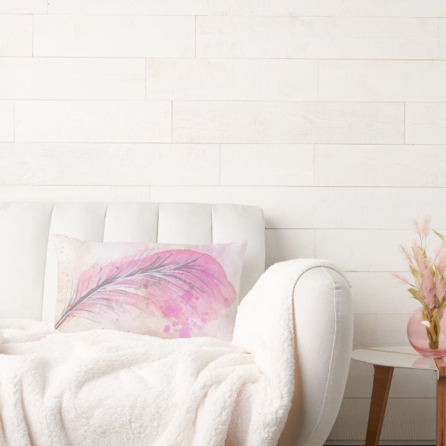Abstracte Girly Pink Waterverf Feather met naam Kussen (Bank)