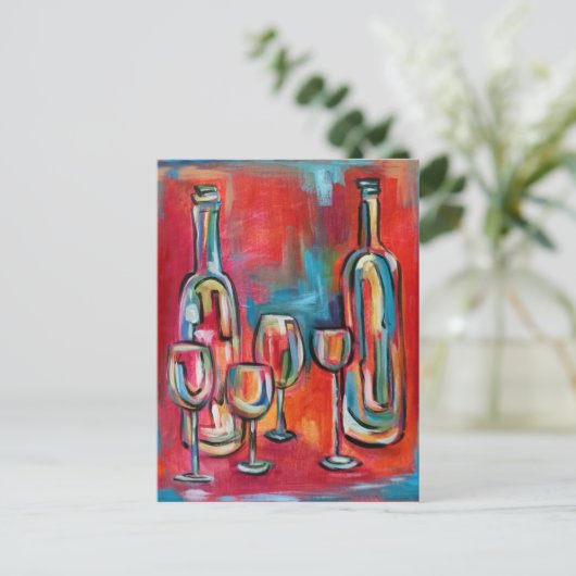 Abstracte glazen flessen en glazen wijn briefkaart (Staand voorkant)
