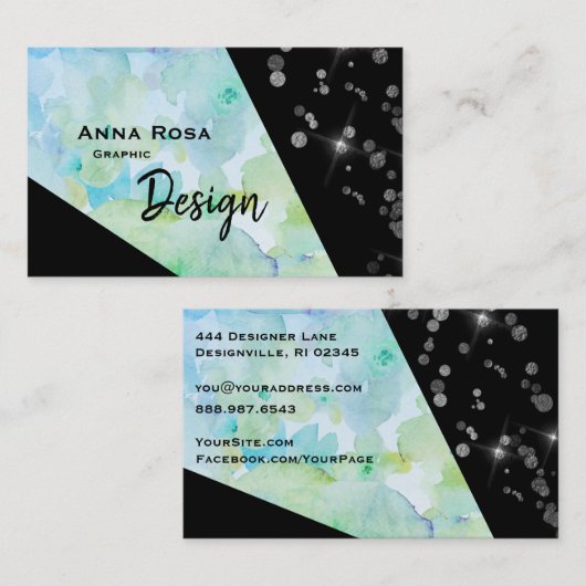 *~* Abstracte Glitter Modern Geometric Black Flora Visitekaartje (Voorkant / Achterkant)