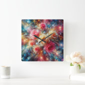 Abstracte Glitter Rozen Vierkante Klok (Huis)
