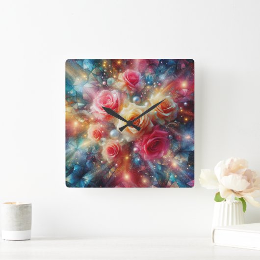 Abstracte Glitter Rozen Vierkante Klok (Huis)