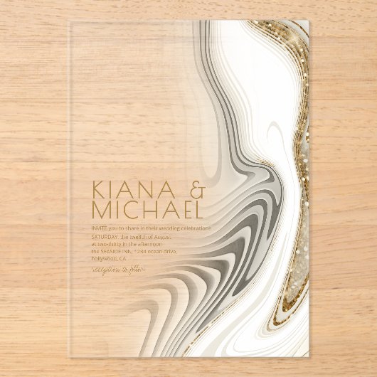 Abstracte Glitter Strata Wedding Ivory ID903 Acryl Uitnodigingen (Voorkant)