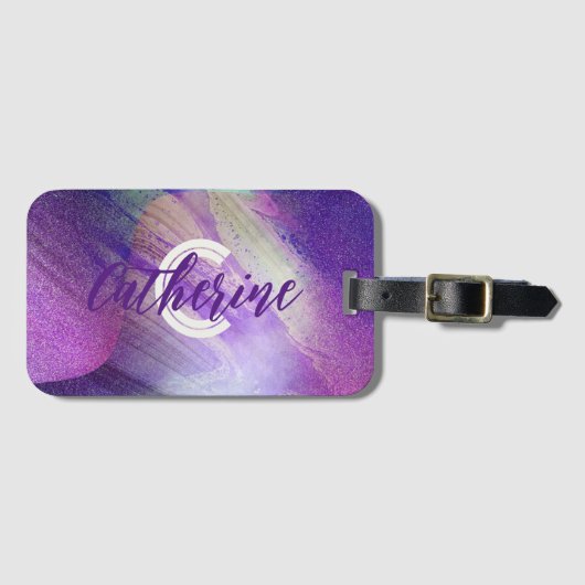 Abstracte Glittering Neon Magenta Naam en Initiaal Bagagelabel (Voorkant (horizontaal))