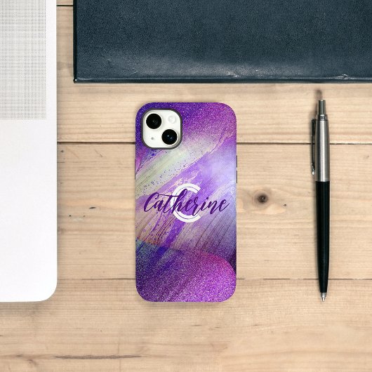 Abstracte Glittering Neon Magenta Naam en Initiaal Case-Mate iPhone Case