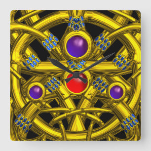 ABSTRACTE GOLD CELTIC KENNIS MET KLEURSTONEN VIERKANTE KLOK