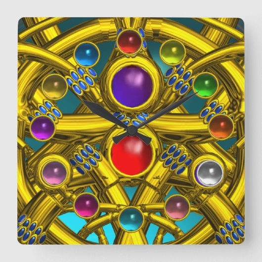 ABSTRACTE GOLD CELTIC KENNIS MET KLEURSTONEN VIERKANTE KLOK (Voorkant)