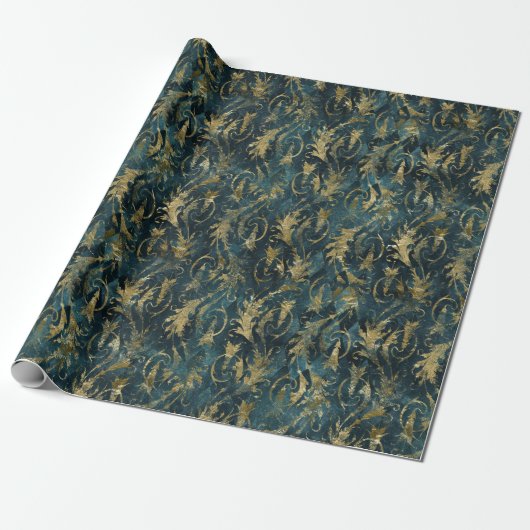 Abstracte Gold Leaves over Groen Cadeaupapier (Uitgerold)