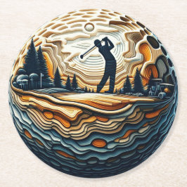 Abstracte golfer op golfbal cirkelvormige golfkuns ronde kartonnen onderzetter