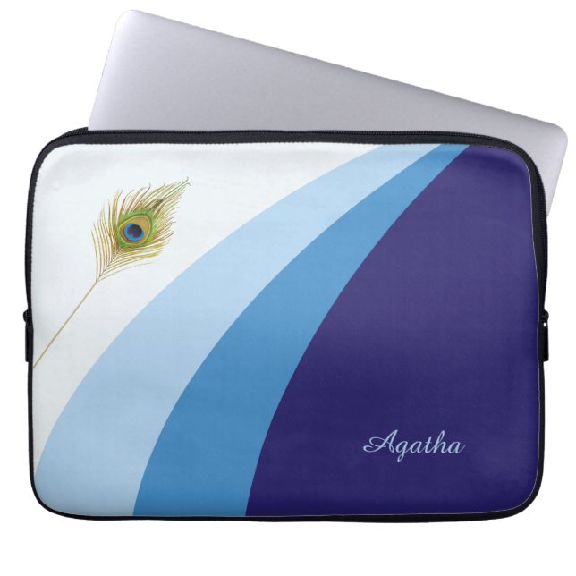 Abstracte golven in blauwe tinten en pekelveren laptop sleeve (Voorkant)