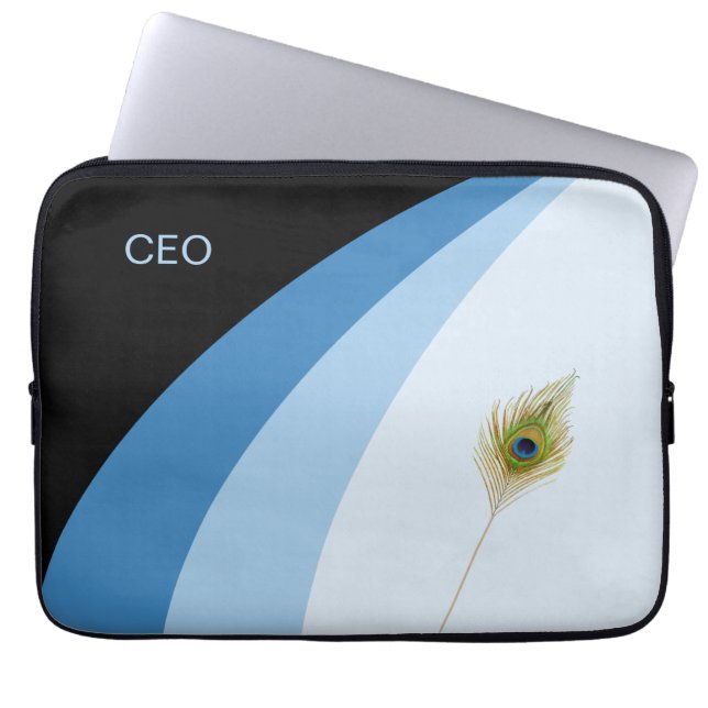 Abstracte golven in blauwe tinten en pekelveren laptop sleeve (Voorkant)