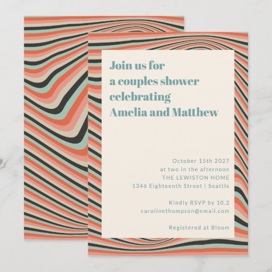 Abstracte golvende strepen aqua perzik koppels dou kaart (Voorkant / Achterkant)