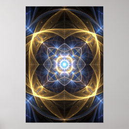 Abstracte Goud Blauw Fractal Energie Kunst Poster