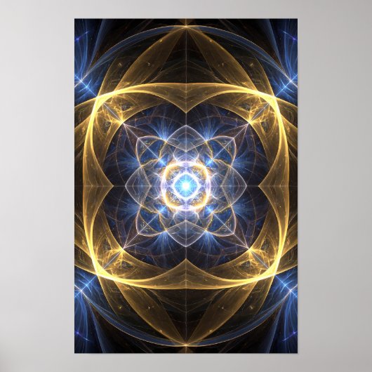 Abstracte Goud Blauw Fractal Energie Kunst Poster (Voorkant)