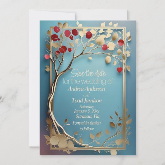 Abstracte gouden appelboom bruiloft save the date (Voorkant)