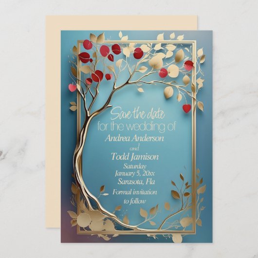 Abstracte gouden appelboom bruiloft save the date (Voorkant / Achterkant)