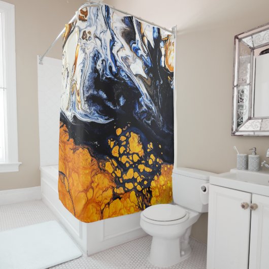 Abstracte gouden, blauwe en witte acrylverf douchegordijn (In situ)