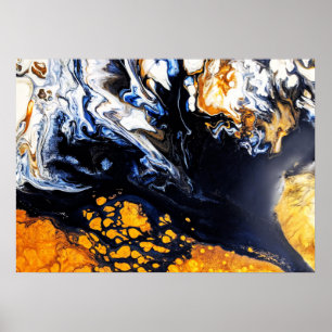 Abstracte gouden, blauwe en witte acrylverf poster